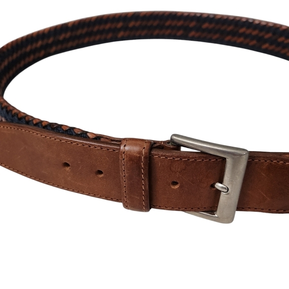 Longhi Belt Mens 40 Brown Blue Braided Woven Stretch Made In Italy Solid Brass - Picture 2 of 8